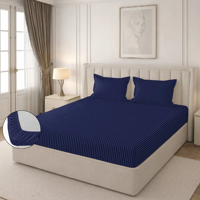 MORADO Premium Glace Cotton Stripe Double Fitted Bedsheet With 2 Pillow Covers for Home/Hotels/Guest House (72x78x8) Inches-Navyblue