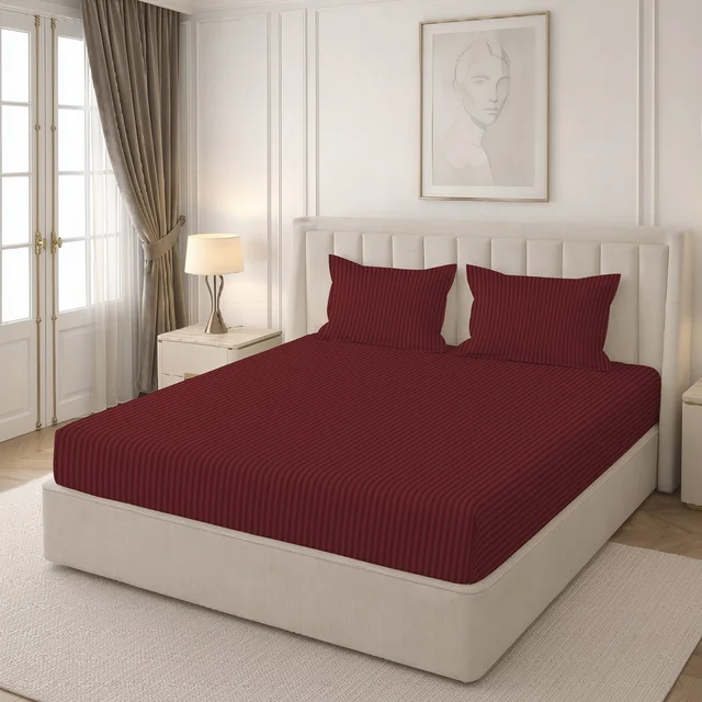 MORADO Premium Glace Cotton Stripe Double Flat Bedsheet With 2 Pillow Covers for Home/Hotels/Guest House (90x100 Inches)-Maroon