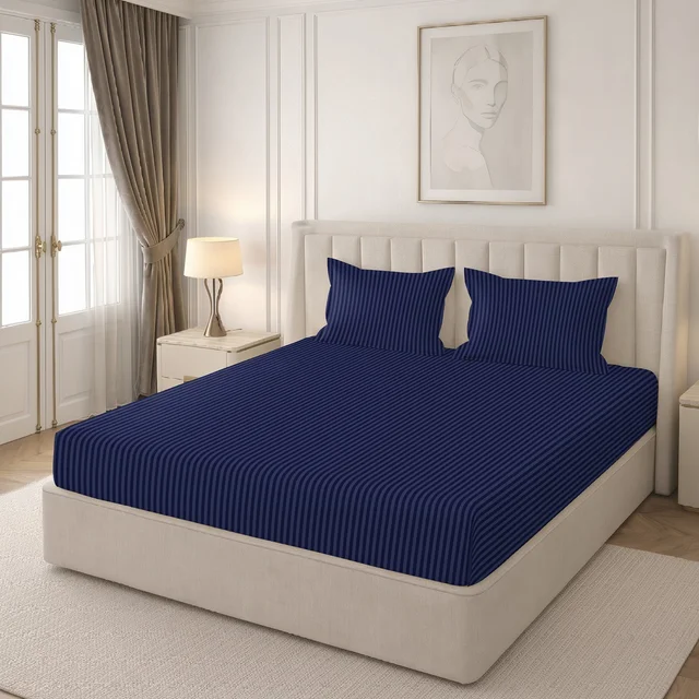 MORADO Premium Glace Cotton Stripe Double Flat Bedsheet With 2 Pillow Covers for Home/Hotels/Guest House (90x100 Inches)-Navyblue