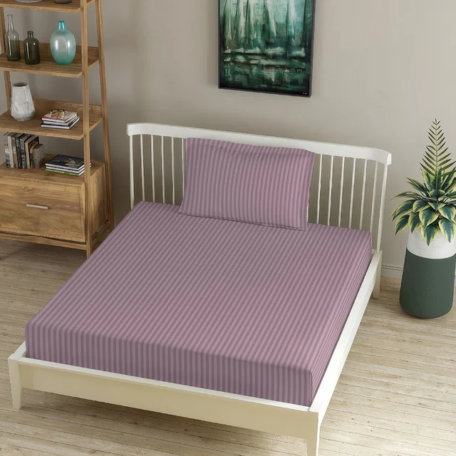 MORADO Premium Glace Cotton Stripe Single Flat Bedsheet With 1 Pillow Cover for Home/Hotels/Guest House (60x90 Inches)-Mauve