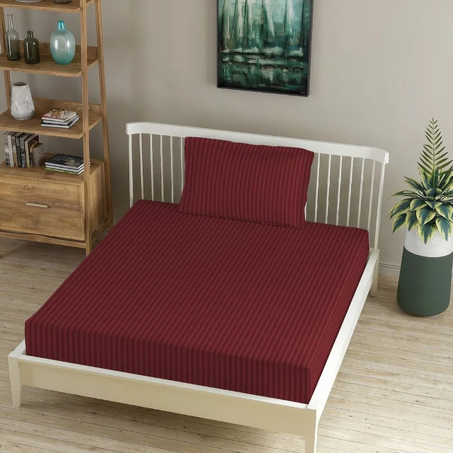 MORADO Premium Glace Cotton Stripe Single Flat Bedsheet With 1 Pillow Cover for Home/Hotels/Guest House (60x90 Inches)-Maroon