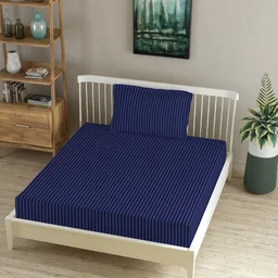 MORADO Premium Glace Cotton Stripe Single Flat Bedsheet With 1 Pillow Cover for Home/Hotels/Guest House (60x90 Inches)-Navyblue