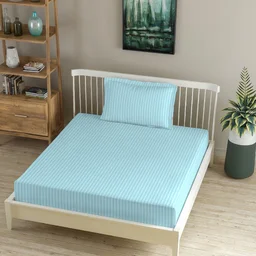 MORADO Premium Glace Cotton Stripe Single Flat Bedsheet With 1 Pillow Cover for Home/Hotels/Guest House (60x90 Inches)-Powderblue