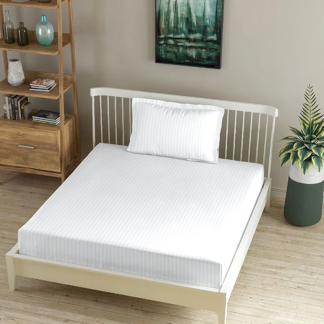MORADO Premium Glace Cotton Stripe Single Flat Bedsheet With 1 Pillow Cover for Home/Hotels/Guest House (60x90 Inches)-White