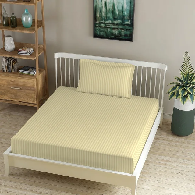 MORADO Premium Glace Cotton Stripe Single Flat Bedsheet With 1 Pillow Cover for Home/Hotels/Guest House (60x90 Inches)-Beige