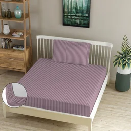 MORADO Premium Glace Cotton Stripe Single Fitted Bedsheet With 1 Pillow Cover for Home/Hotels/Guest House (36x72x8 Inches)-Mauve