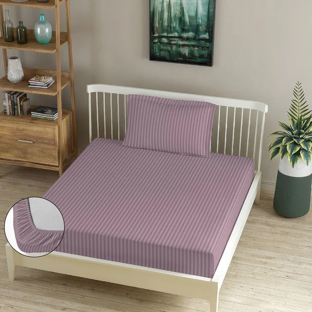 MORADO Premium Glace Cotton Stripe Single Fitted Bedsheet With 1 Pillow Cover for Home/Hotels/Guest House (36x72x8 Inches)-Mauve