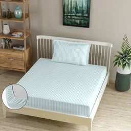 MORADO Premium Glace Cotton Stripe Single Fitted Bedsheet With 1 Pillow Cover for Home/Hotels/Guest House (36x72x8 Inches)-Lightgrey