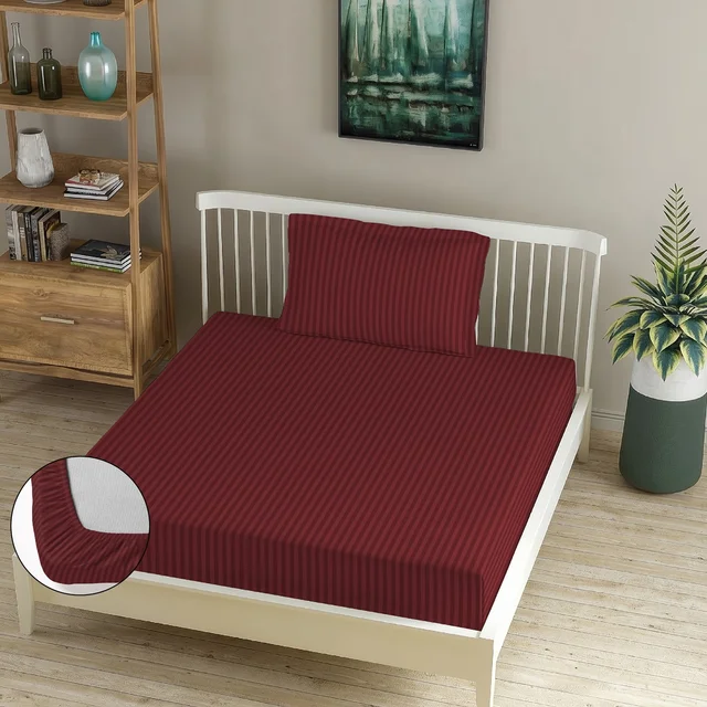 MORADO Premium Glace Cotton Stripe Single Fitted Bedsheet With 1 Pillow Cover for Home/Hotels/Guest House (36x72x8 Inches)-Maroon