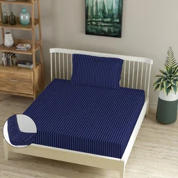 MORADO Premium Glace Cotton Stripe Single Fitted Bedsheet With 1 Pillow Cover for Home/Hotels/Guest House (36x72x8 Inches)-Navyblue