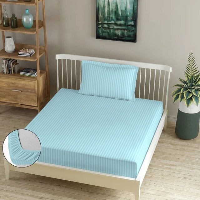 MORADO Premium Glace Cotton Stripe Single Fitted Bedsheet With 1 Pillow Cover for Home/Hotels/Guest House (36x72x8 Inches)-Powderblue