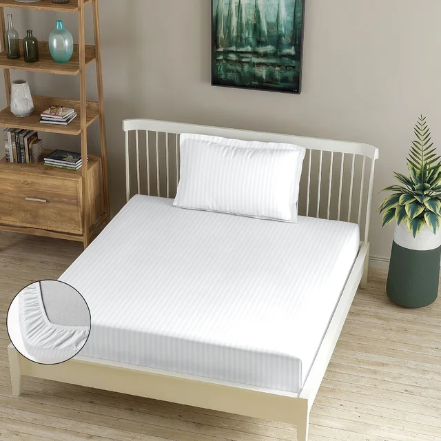 MORADO Premium Glace Cotton Stripe Single Fitted Bedsheet With 1 Pillow Cover for Home/Hotels/Guest House (36x72x8 Inches)-White