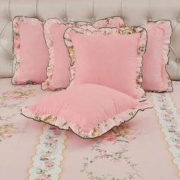 MORADO Morado 5 Pcs Frill Cushion Cover Set 16x16 Inches – Pink Paradise Floral Printed Decorative Cushion Covers