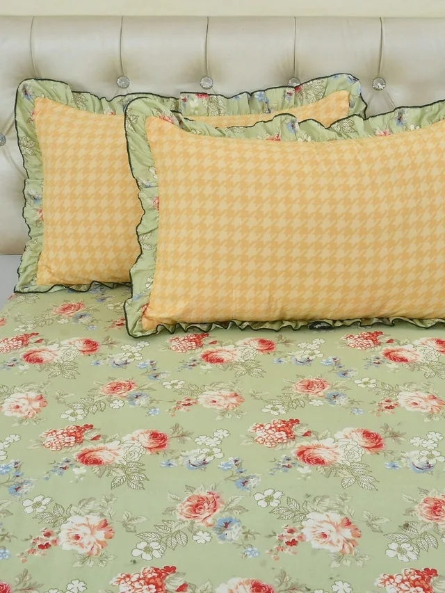 MORADO Glace Cotton King Size Bedsheet with 2 Pillow Covers with Frill PoppyFlowerComb (108x108, Inches) - 108x108 Inches, light pastel green