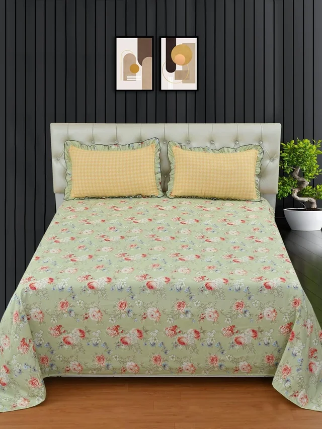 MORADO Glace Cotton King Size Bedsheet with 2 Pillow Covers with Frill PoppyFlowerComb (108x108, Inches) - 108x108 Inches, light pastel green