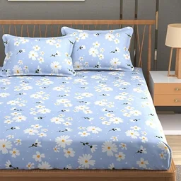 MORADO Premium Glace Cotton Double Bedsheet with 2 King Size Pillow Covers (90x100 Inches) - Light Blue
