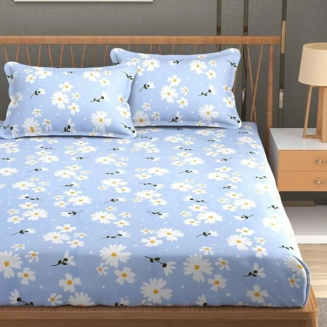 MORADO Premium Glace Cotton Double Bedsheet with 2 King Size Pillow Covers (90x100 Inches) - Light Blue