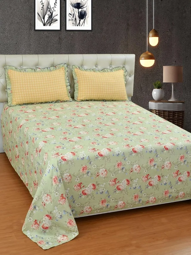 MORADO Glace Cotton King Size Bedsheet with 2 Pillow Covers with Frill PoppyFlowerComb (108x108, Inches) - 108x108 Inches, light pastel green