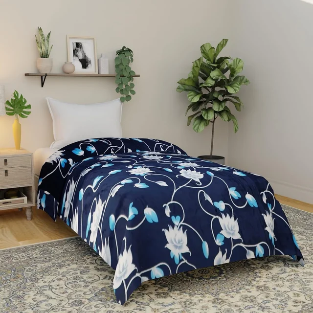 Morado Single Bed Flannel Fabric Quilt/Duvet/Rajai/Blanket Cover for Winters | Warm & Soft | 190 GSM | 60x90 Inches (Blue Flower) - Blue Flower