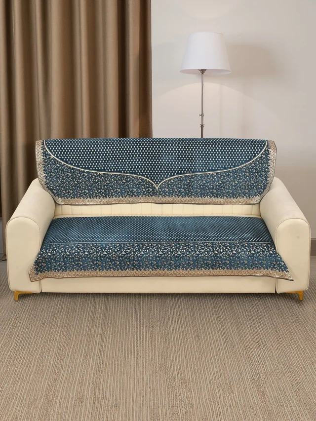 MORADO 5 Seater Sofa Cover Sofa Panel Premium Quality, Chenille for Ultimate Protection and Style Durable, 3+1+1 Settee Slipcover in Navy blue with golden beige - Navy blue with golden beige