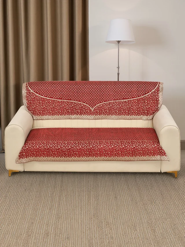 MORADO 5 Seater Sofa Cover Sofa Panel Premium Quality, Chenille for Ultimate Protection and Style Durable, 3+1+1 Settee Slipcover in Maroon & Beige, - Maroon & Beige