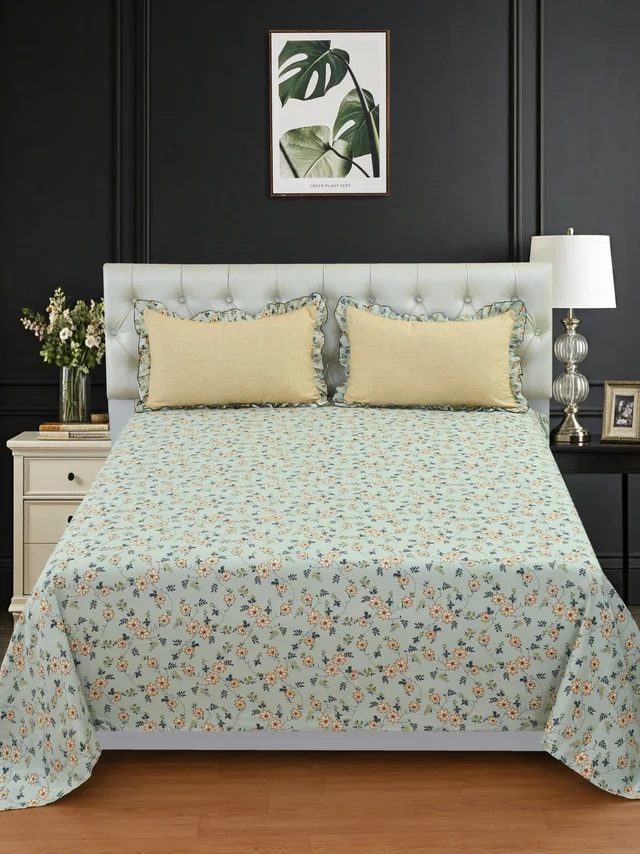 MORADO Glace Cotton King Size Bedsheet with 2 Pillow Covers with Frill (108x108, Inches) - 108x108 Inches, Light Green