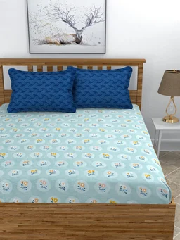 MORADO Premium Glace Cotton King Size Elastic Fitted Bedsheet with 2 Pillow Covers (72x78x8 Inches, Blue) - 72x78x10 Inches, Blue