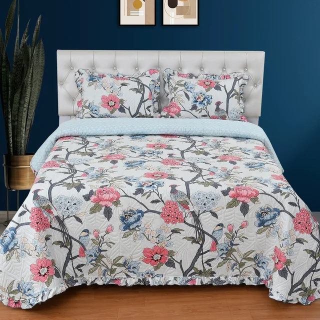 MORADO Glace Cotton Luxury Ultrasonic Printed Lightweight All Season Bedspreads/Quilted Bed Cover With 2 King Size Pillow Covers - (90x100 inches -White) - 90x100 Inches, White