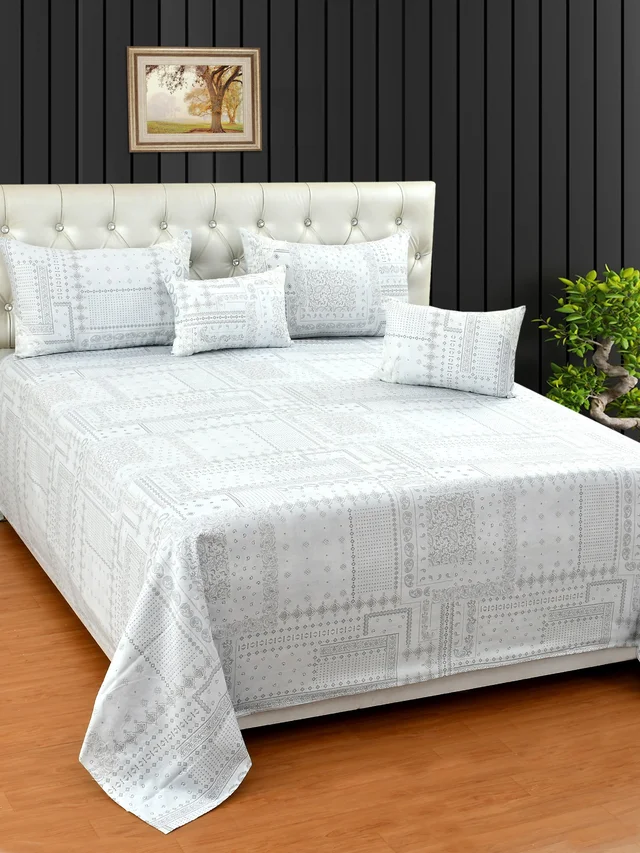 MORADO 100% Pure Cotton 5Pcs Bedding Set with Net Lace | King Size Double Bedsheet with 2 Pillow Covers and 2 Filled Breakfast Pillows - 108x108 Inches, Grey - 108x108 Inches, Grey