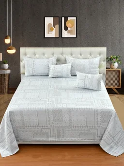 MORADO 100% Pure Cotton 5Pcs Bedding Set with Net Lace | King Size Double Bedsheet with 2 Pillow Covers and 2 Filled Breakfast Pillows - 108x108 Inches, Grey - 108x108 Inches, Grey