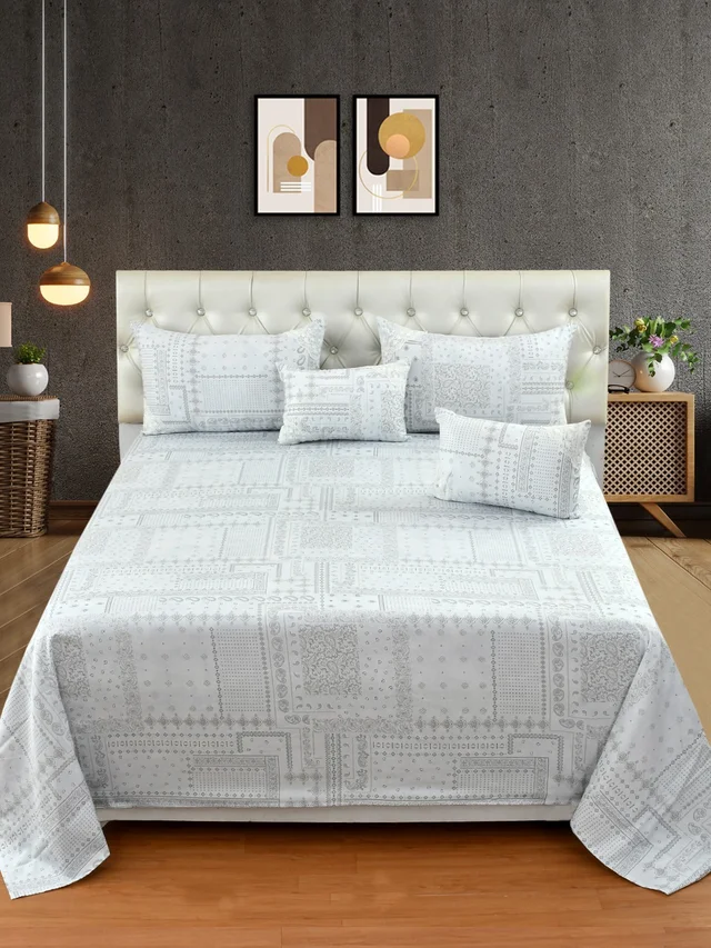 MORADO 100% Pure Cotton 5Pcs Bedding Set with Net Lace | King Size Double Bedsheet with 2 Pillow Covers and 2 Filled Breakfast Pillows - 108x108 Inches, Grey - 108x108 Inches, Grey