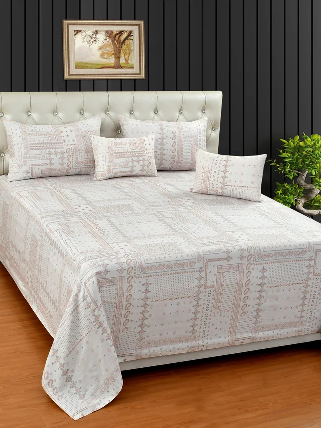 MORADO 100% Pure Cotton 5Pcs Bedding Set with Net Lace | King Size Double Bedsheet with 2 Pillow Covers and 2 Filled Breakfast Pillows - 108x108 Inches, Pink - 108x108 Inches, Pink