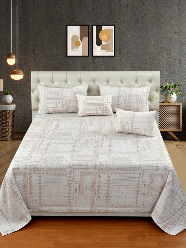 MORADO 100% Pure Cotton 5Pcs Bedding Set with Net Lace | King Size Double Bedsheet with 2 Pillow Covers and 2 Filled Breakfast Pillows - 108x108 Inches, Pink - 108x108 Inches, Pink