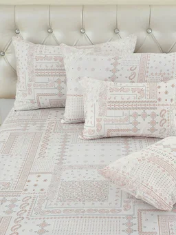 MORADO 100% Pure Cotton 5Pcs Bedding Set with Net Lace | King Size Double Bedsheet with 2 Pillow Covers and 2 Filled Breakfast Pillows - 108x108 Inches, Pink - 108x108 Inches, Pink