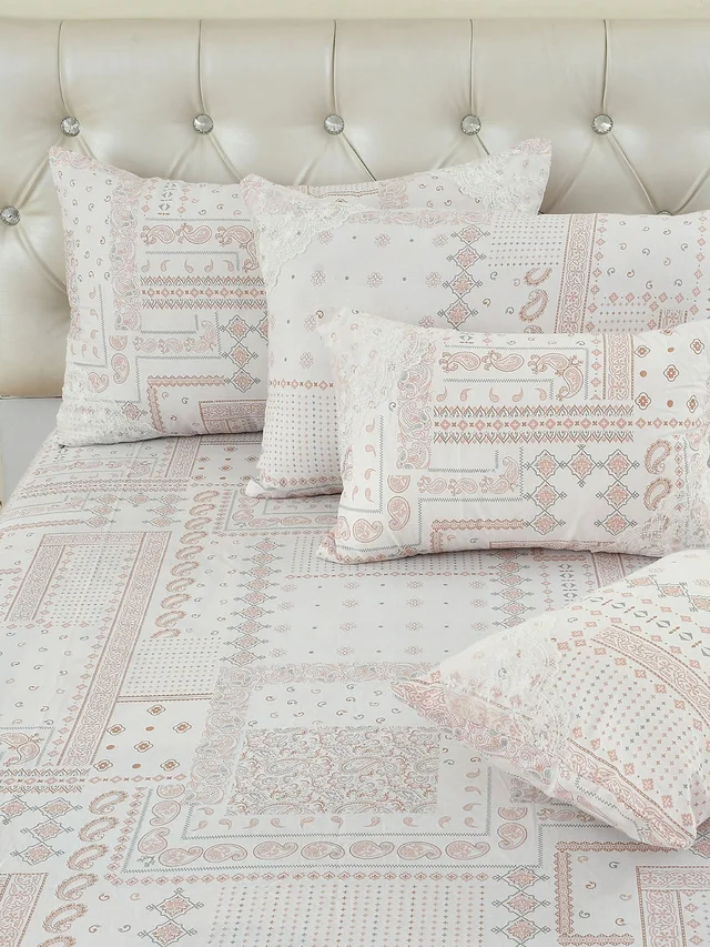 MORADO 100% Pure Cotton 5Pcs Bedding Set with Net Lace | King Size Double Bedsheet with 2 Pillow Covers and 2 Filled Breakfast Pillows - 108x108 Inches, Pink - 108x108 Inches, Pink