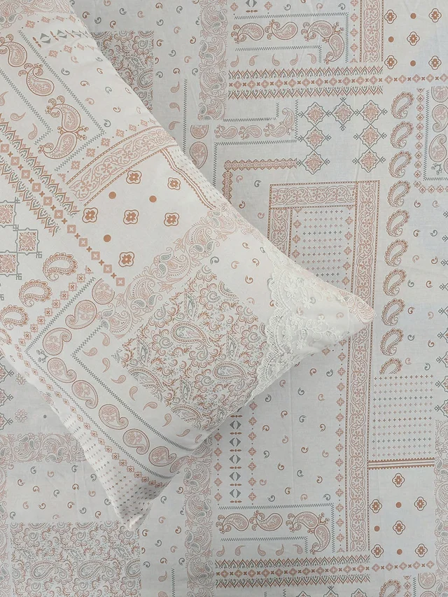 MORADO 100% Pure Cotton 5Pcs Bedding Set with Net Lace | King Size Double Bedsheet with 2 Pillow Covers and 2 Filled Breakfast Pillows - 108x108 Inches, Pink - 108x108 Inches, Pink