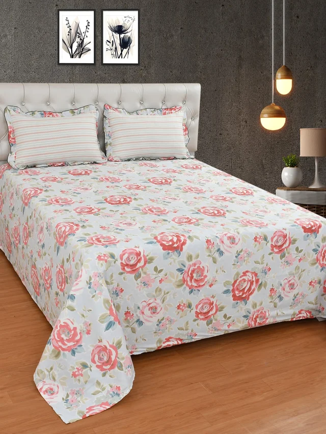 MORADO Glace Cotton King Size Bedsheet with 2 Pillow Covers with Frill (108x108, Inches) - 108x108 Inches, Light Blue