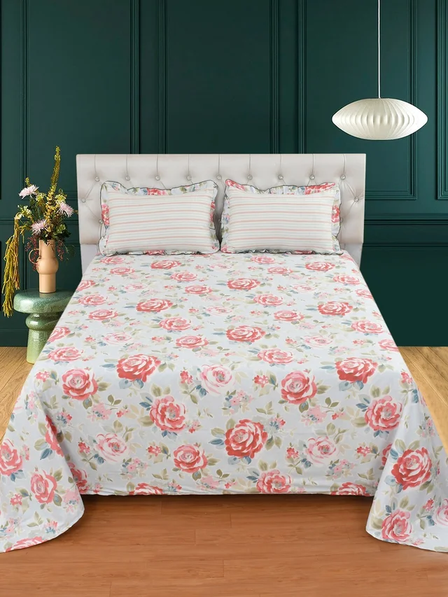 MORADO Glace Cotton King Size Bedsheet with 2 Pillow Covers with Frill (108x108, Inches) - 108x108 Inches, Light Blue