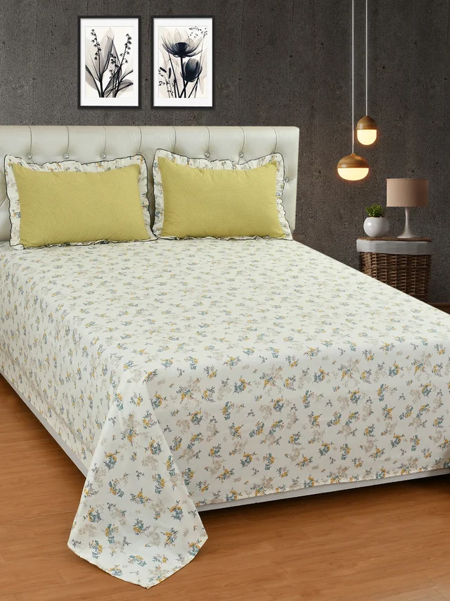 MORADO Glace Cotton King Size Bedsheet with 2 Pillow Covers with Frill (108x108, Inches) - 108x108 Inches, Mustard