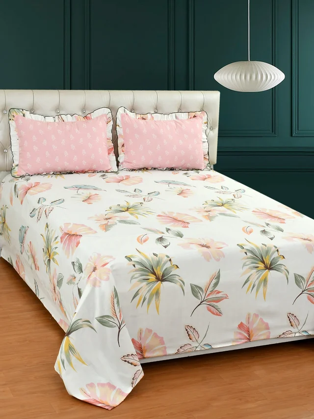 MORADO Glace Cotton Queen Size Bedsheet with 2 Pillow Covers with Frill (90x100, Inches) - 90x100 Inches, Pink