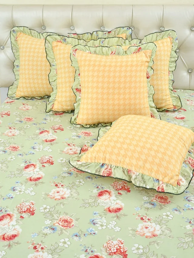 MORADO Glace Cotton 5 Pcs Frill Bedding Set | Double Bed Size Bedsheet with 2 Pillow Covers and 2 Filled Cushions (108x108 Inches - light pastel green. - 108x108 Inches, light pastel green