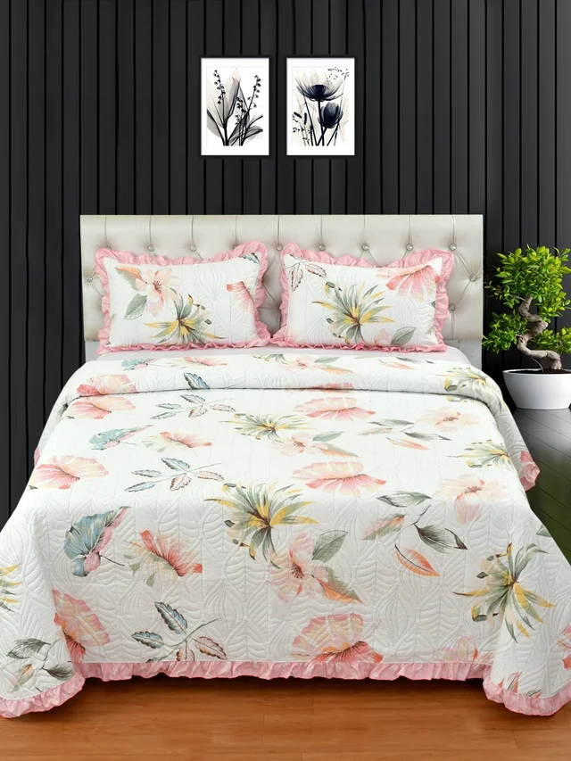 MORADO Glace Cotton Luxury Ultrasonic Printed Lightweight All Season Bedspreads/Quilted Bed Cover With 2 King Size Pillow Covers - (90x100 inches - Pink Lupin) - 90x100 Inches, Pink