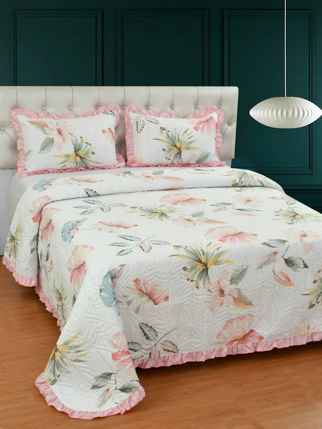 MORADO Glace Cotton Luxury Ultrasonic Printed Lightweight All Season Bedspreads/Quilted Bed Cover With 2 King Size Pillow Covers - (90x100 inches - Pink Lupin) - 90x100 Inches, Pink