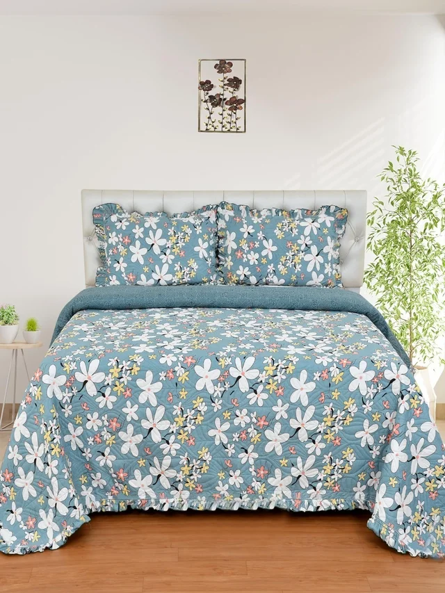 MORADO Glace Cotton Luxury Ultrasonic Printed Lightweight All Season Bedspreads/Quilted Bed Cover With 2 King Size Pillow Covers - (90x100 inches - Blue) - 90x100 Inches, Blue