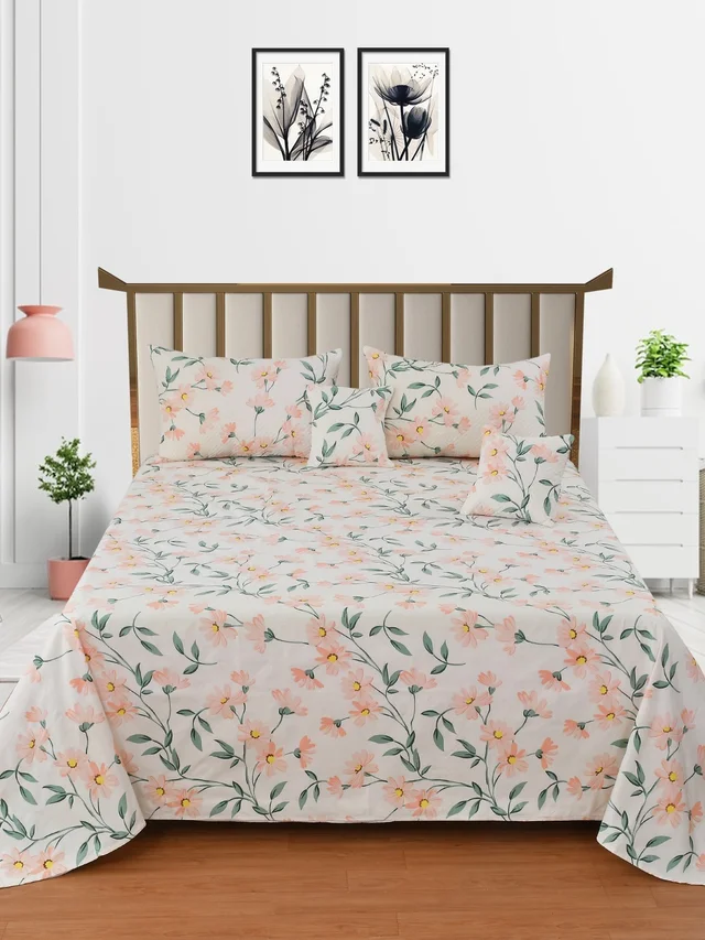 MORADO Glace Cotton 5 Pcs Quilted Bedding Set | Double Bed Size Bedsheet with 2 Pillow Covers and 2 Filled Cushions (90x100 Inches - Cream) - 90x100 Inches, Cream