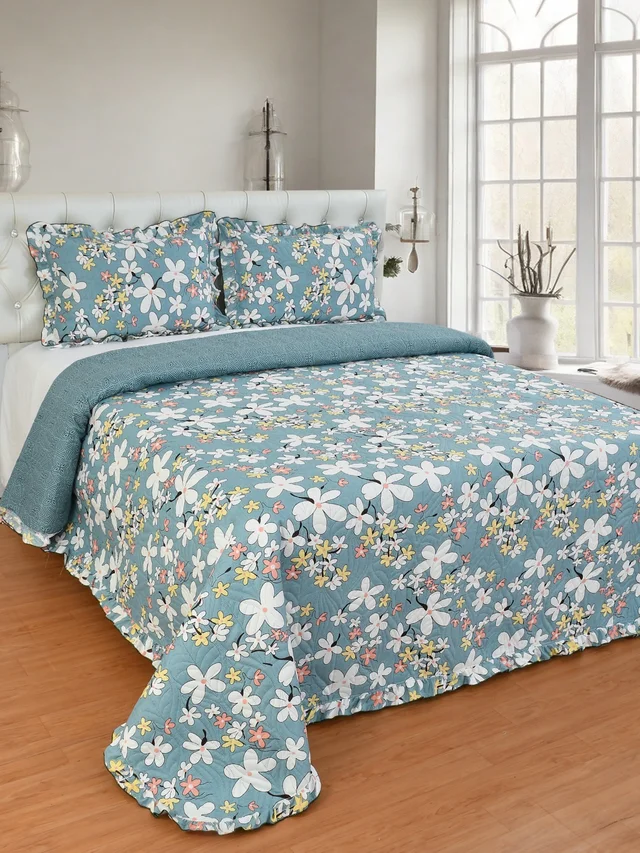 MORADO Glace Cotton Luxury Ultrasonic Printed Lightweight All Season Bedspreads/Quilted Bed Cover With 2 King Size Pillow Covers - (90x100 inches - Blue) - 90x100 Inches, Blue