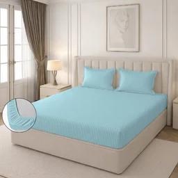 MORADO Premium Glace Cotton Stripe Double Fitted Bedsheet With 2 Pillow Covers for Home/Hotels/Guest House (72x78x8) Inches-Powderblue