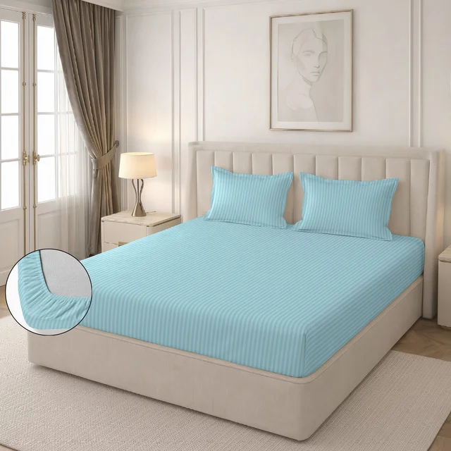 MORADO Premium Glace Cotton Stripe Double Fitted Bedsheet With 2 Pillow Covers for Home/Hotels/Guest House (72x78x8) Inches-Powderblue
