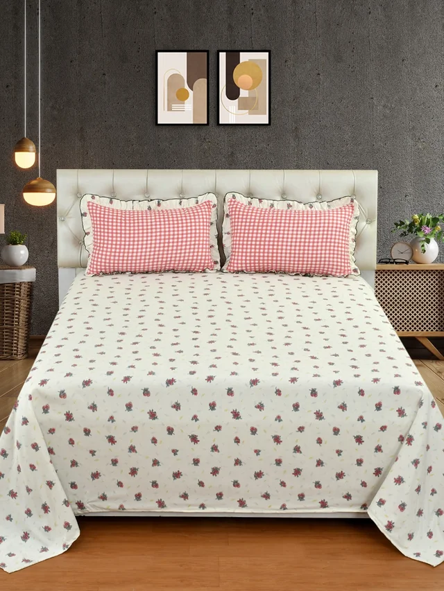 MORADO Glace Cotton King Size Bedsheet with 2 Pillow Covers with Frill (108x108, Inches) - 108x108 Inches, Off White