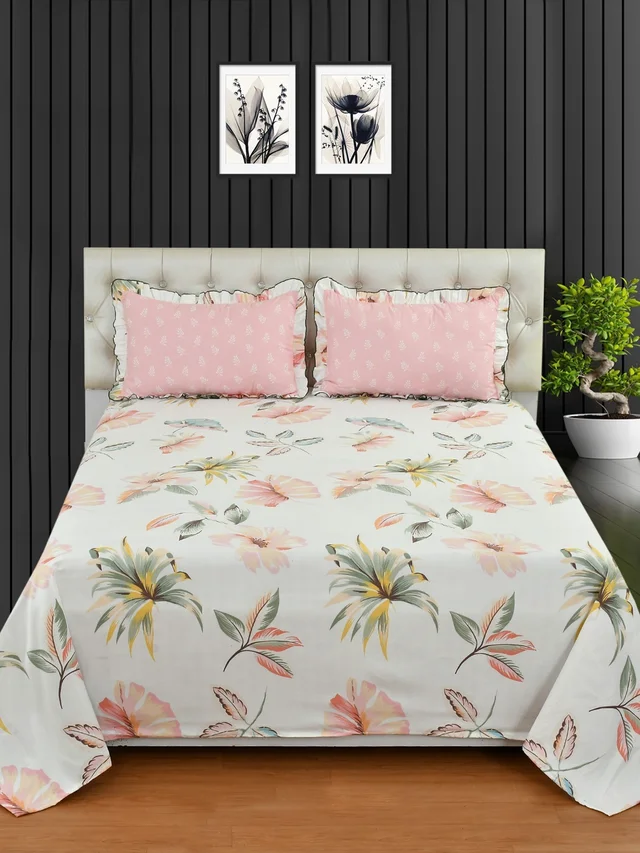 MORADO Glace Cotton Queen Size Bedsheet with 2 Pillow Covers with Frill (90x100, Inches) - 90x100 Inches, Pink